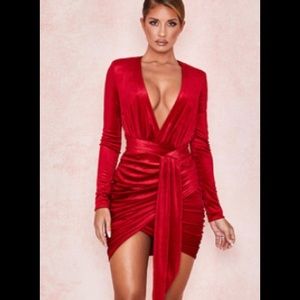 HOUSE OF CB Red Velvet Gathered Deep V Mini Dress
